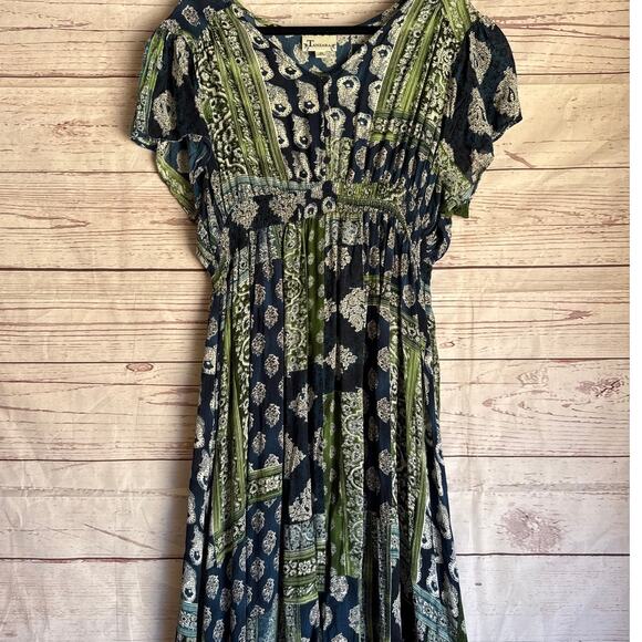 Tanzara Blue and Green Maxi Dress Sz 2X - Picture 1 of 9
